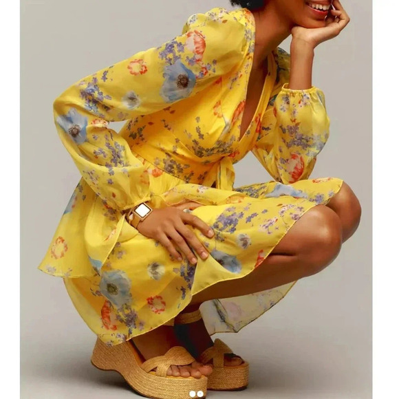 NWT Mac Duggal Anthropologie Floral Yellow Long-Sleeve V-Neck Mini Dress Size 6 - Picture 1 of 5